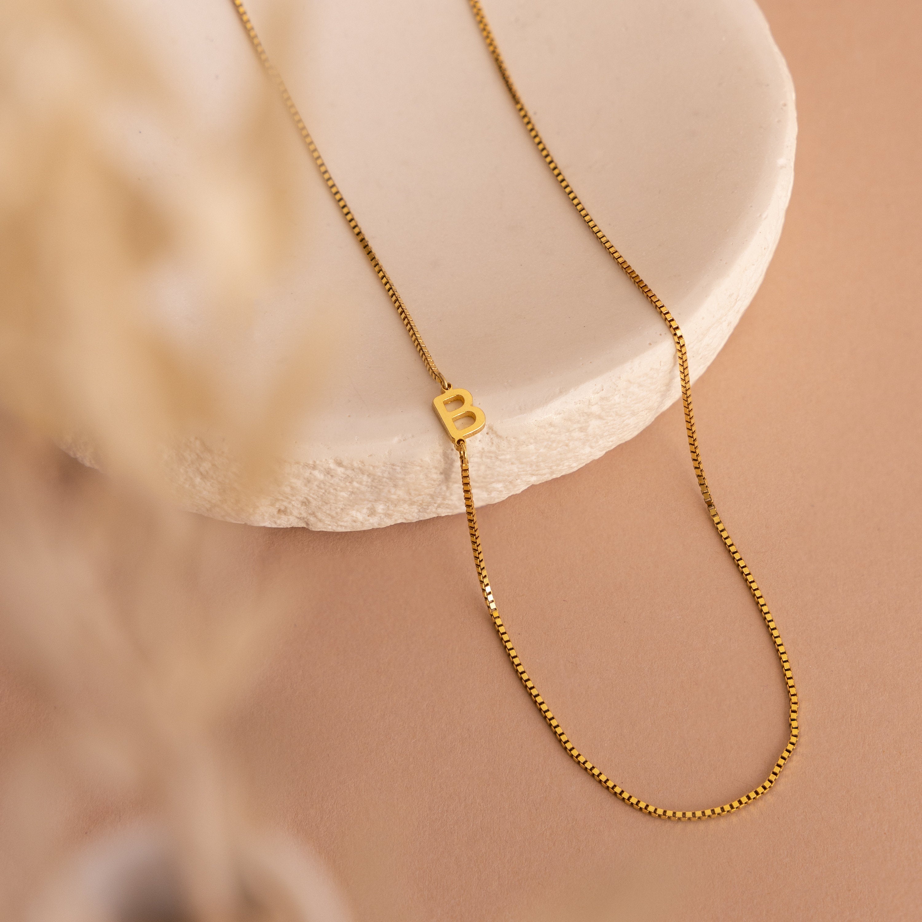 Sideways Initial Necklace In Box Chain 18K Gold